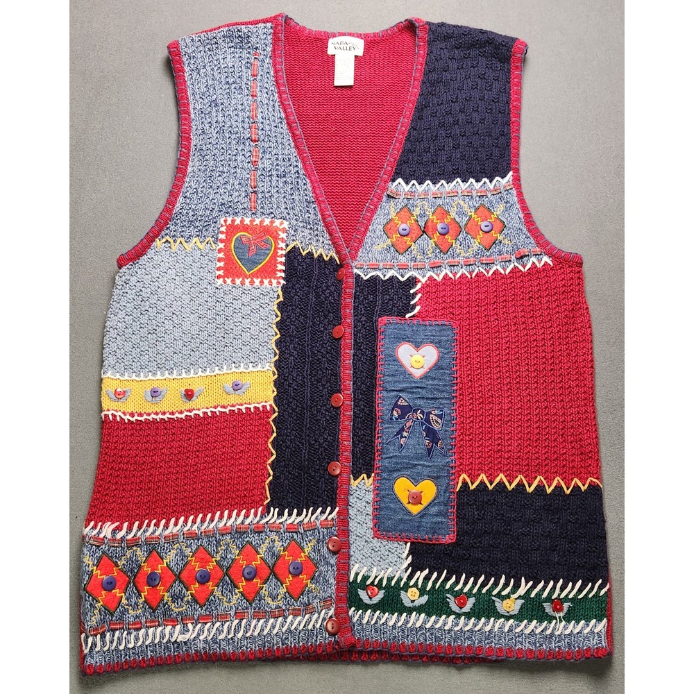 Patchwork Knit Vest Cardigan in Red, Navy, Gray